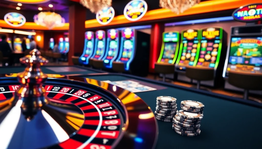 Une scène immersive d'un casino en ligne Français présentant une roue de roulette glamour, une table de poker et des machines à sous vibrantes.