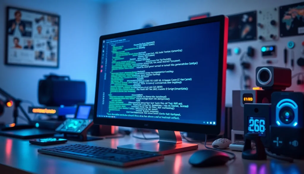 Generatywna AI na eleganckim komputerze w nowoczesnym biurze z futurystycznymi gadżetami.