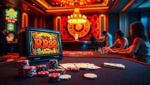 Experience the excitement of RR88 with a vibrant casino scene featuring slot machines and poker action.