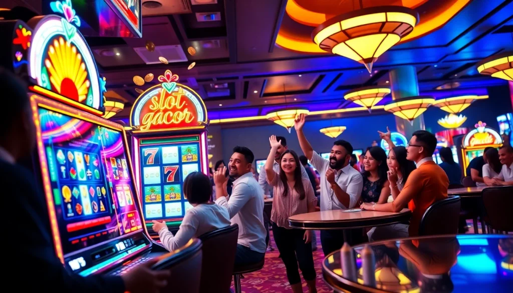 Experience the thrill of slot gacor with players celebrating big wins at a vibrant casino.