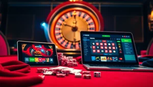 Scène captivante mettant en avant les activités de jeu en ligne au casino en ligne Français avec des jetons de poker et des cartes colorés.