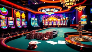 Scène captivante de casino en ligne Français avec des machines à sous vibrantes et de l'action au poker.