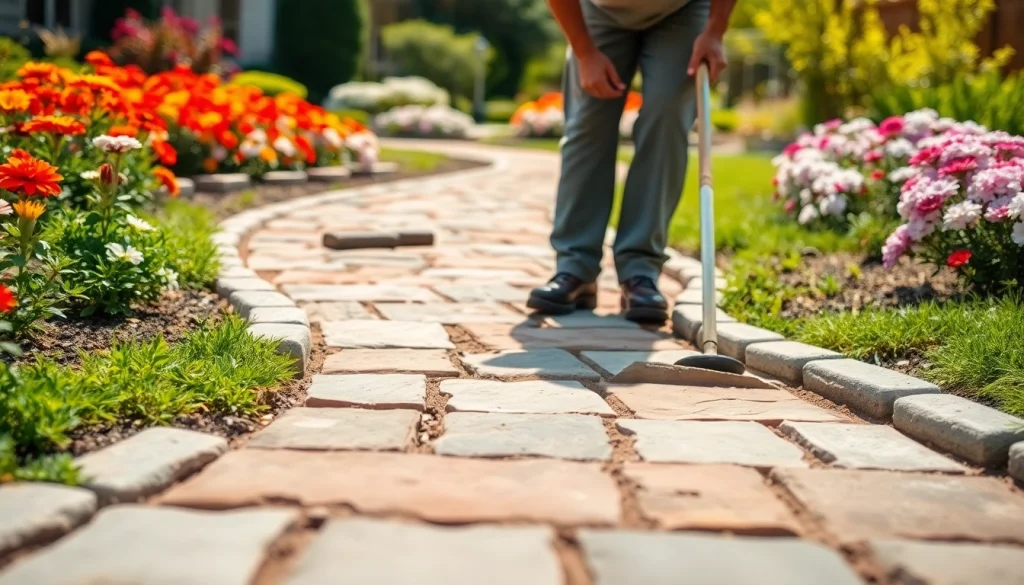 Creating hardscapes with precision in a beautiful garden setting.