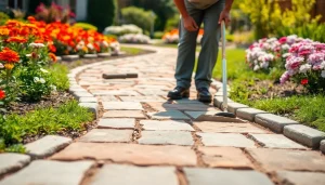 Creating hardscapes with precision in a beautiful garden setting.