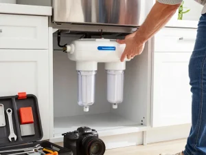 Installing Waterspecialist Replacement for GE® RPWFE® water filter in a bright kitchen.