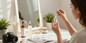 Femeie aplicând ser fata la o masă de frumusețe cu produse de îngrijire elegantă în jurul ei