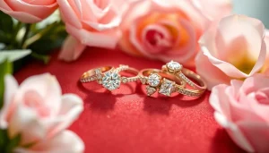 Admire exquisite wedding rings featuring stunning designs and sparkling gems displayed beautifully.