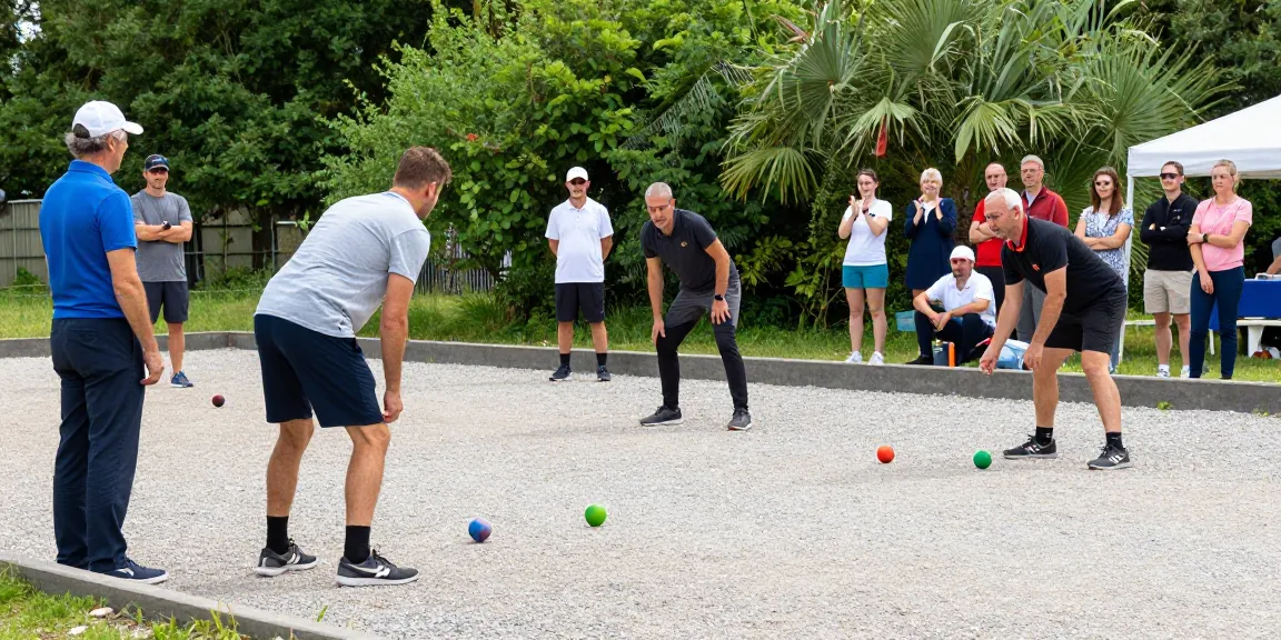 Aktivitas kompetisi petanque di fopikotamanado.org dengan pemain dari berbagai latar belakang, suasana ceria.