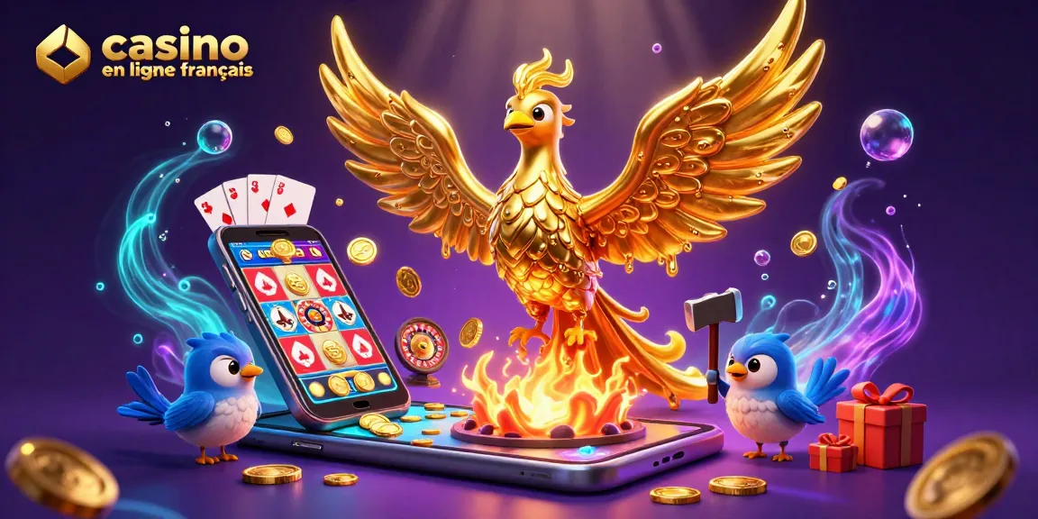 Illustration captivante de casino en ligne français avec un phœnix doré, smartphone de jeu et éléments de casino animés.