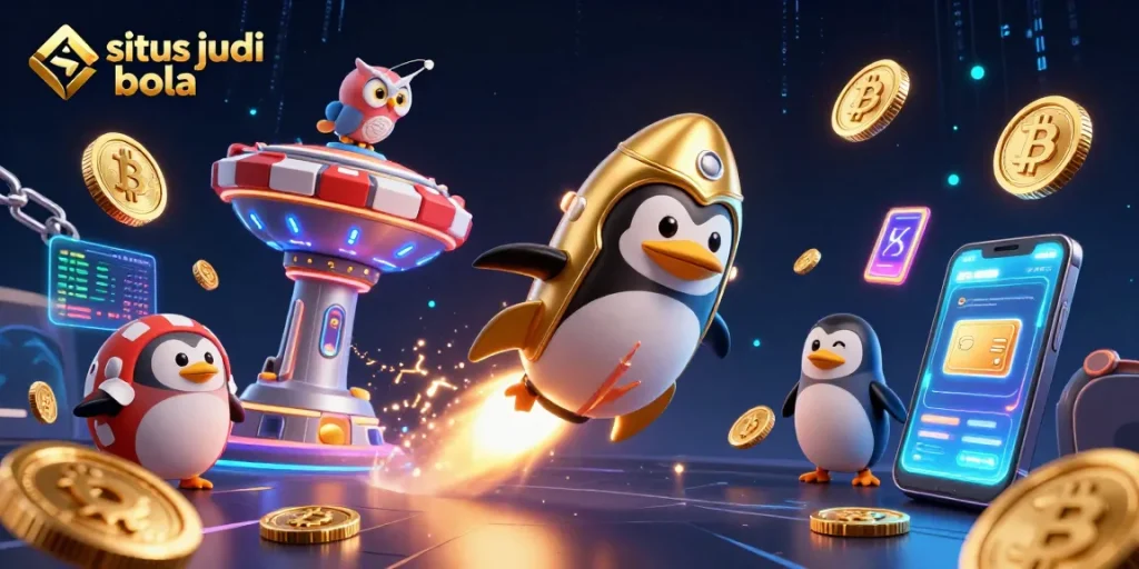 Win big with situs judi bola in a vibrant 3D casino adventure featuring animated characters and crypto elements.