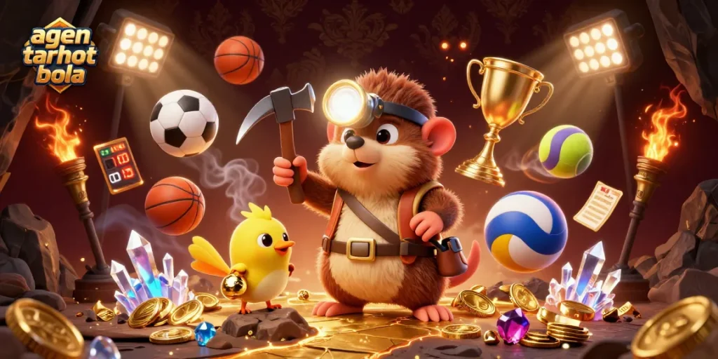 A thrilling scene depicting agen taruhan bola with a treasure hunter mole and sports elements dynamically interacting in a rich, vibrant cave.