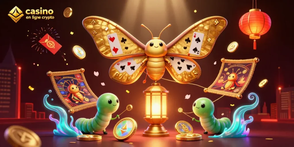 Animations captivantes de jeux de casino en ligne crypto avec des motifs dorés et une ambiance lumineuse.