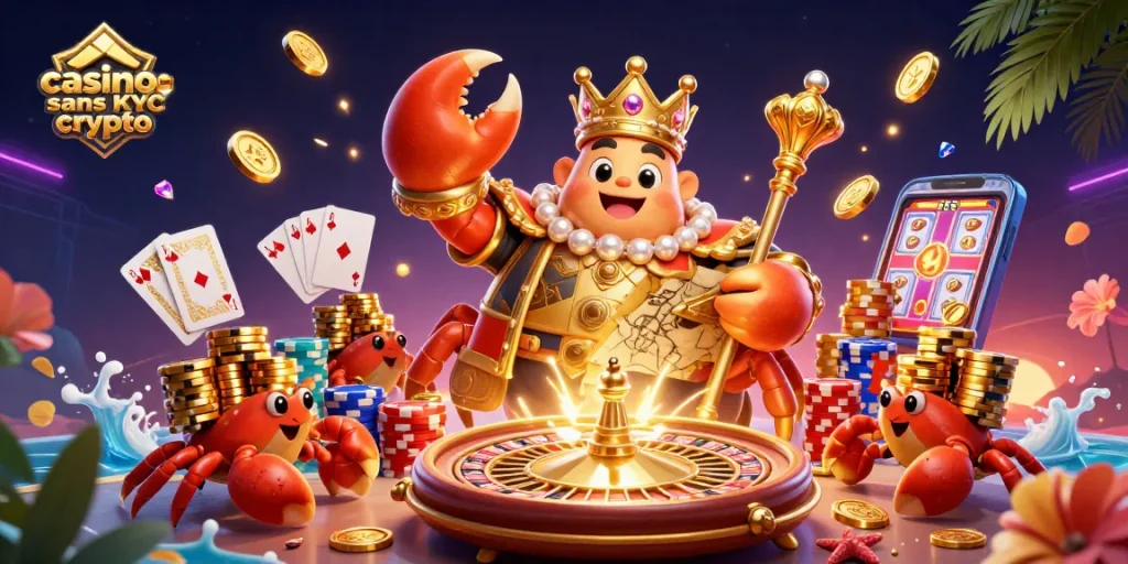 Découvrez une illustration captivante de casino sans KYC crypto avec un crabe doré prince et des pièces scintillantes.