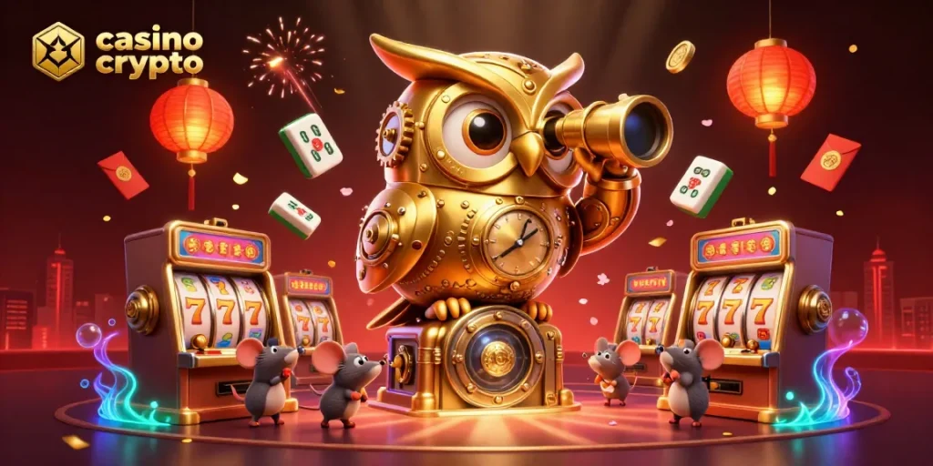 Venez découvrir le casino en ligne crypto avec une illustration animée d'une chouette dorée, machines à sous et décors de jeu.